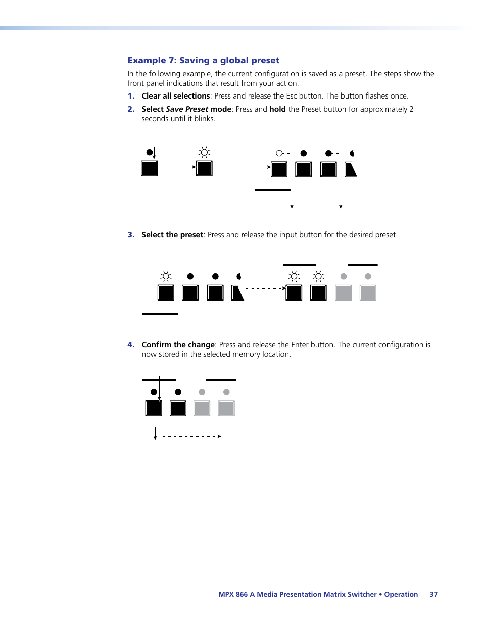 Example 7: saving a global preset, Saving a preset | Extron Electronics MPX 866 A User Guide User Manual | Page 42 / 134