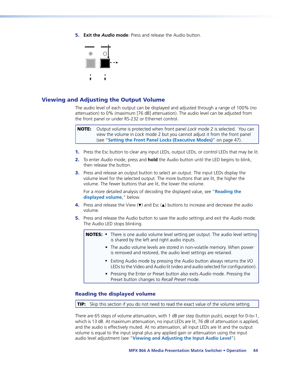 Viewing and adjusting the output volume, Reading the displayed volume, Viewing and adjusting | The output volume, Ol. see the, Operation, Section, the | Extron Electronics MPX 866 A User Guide User Manual | Page 49 / 134