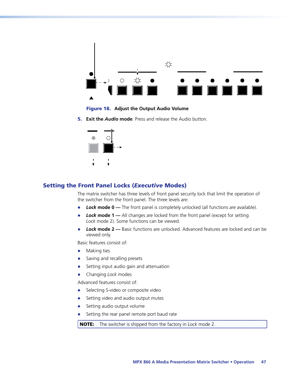 Setting the front panel locks (executive modes), Setting the front panel locks, Executive modes) | Panel (see, Figure 18, Setting the front panel locks ( executive modes) | Extron Electronics MPX 866 A User Guide User Manual | Page 52 / 134