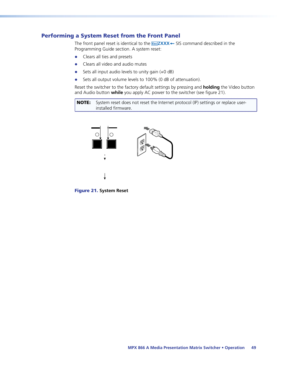 Performing a system reset from the front panel, Performing a system reset, From the front panel | Performing front panel resets | Extron Electronics MPX 866 A User Guide User Manual | Page 54 / 134