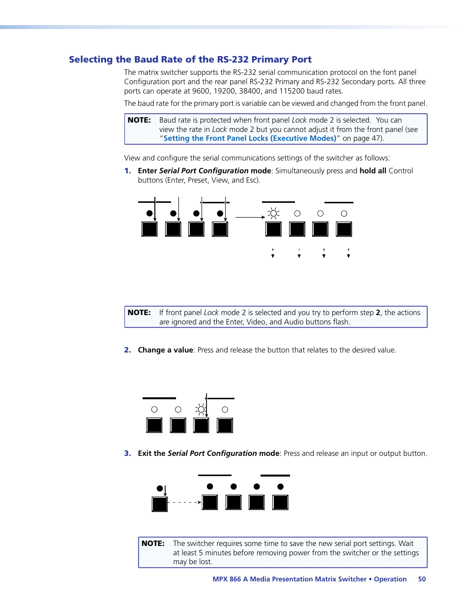 Selecting the baud rate of the rs-232 primary port, Selecting the baud rate, Of the rs-232 primary port | Extron Electronics MPX 866 A User Guide User Manual | Page 55 / 134