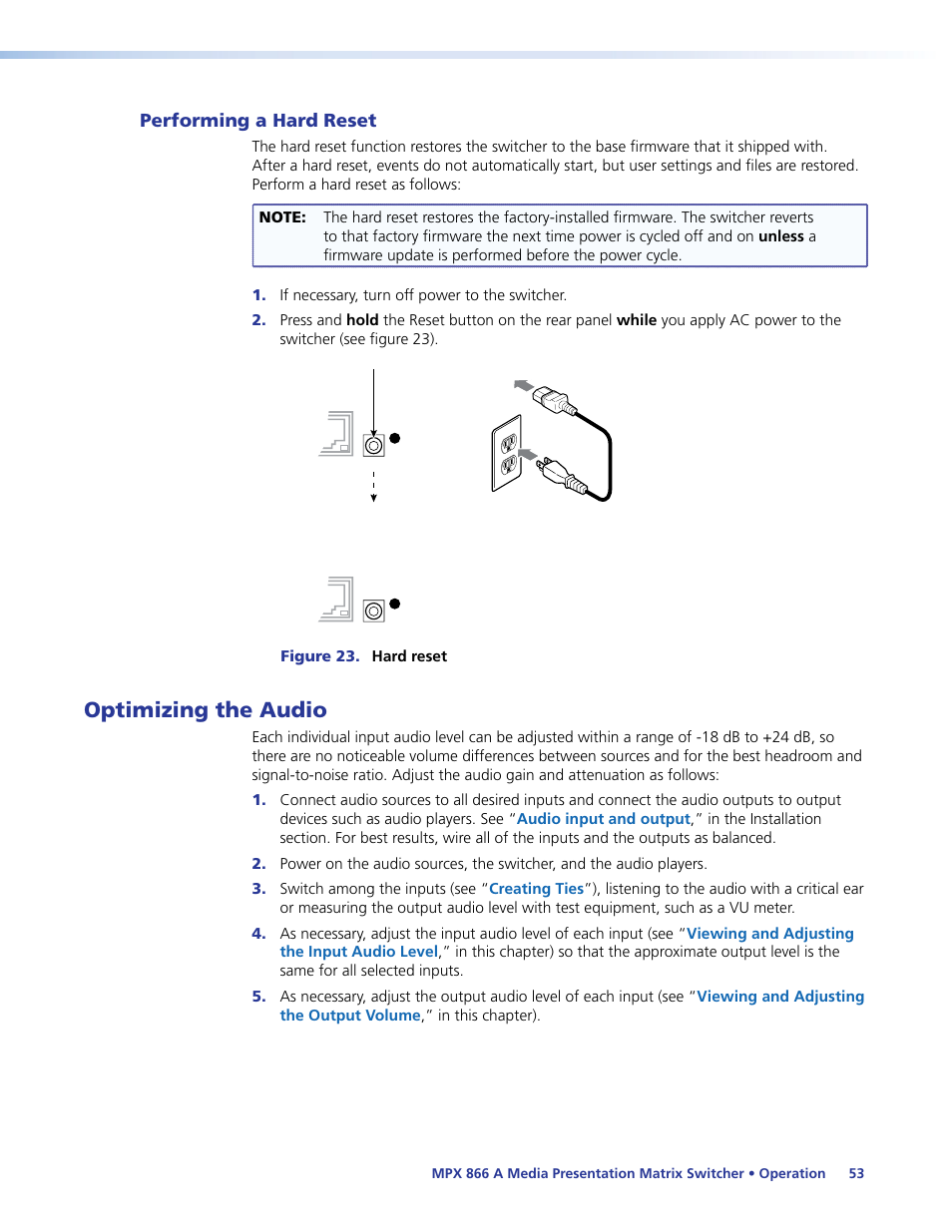 Performing a hard reset, Optimizing the audio | Extron Electronics MPX 866 A User Guide User Manual | Page 58 / 134