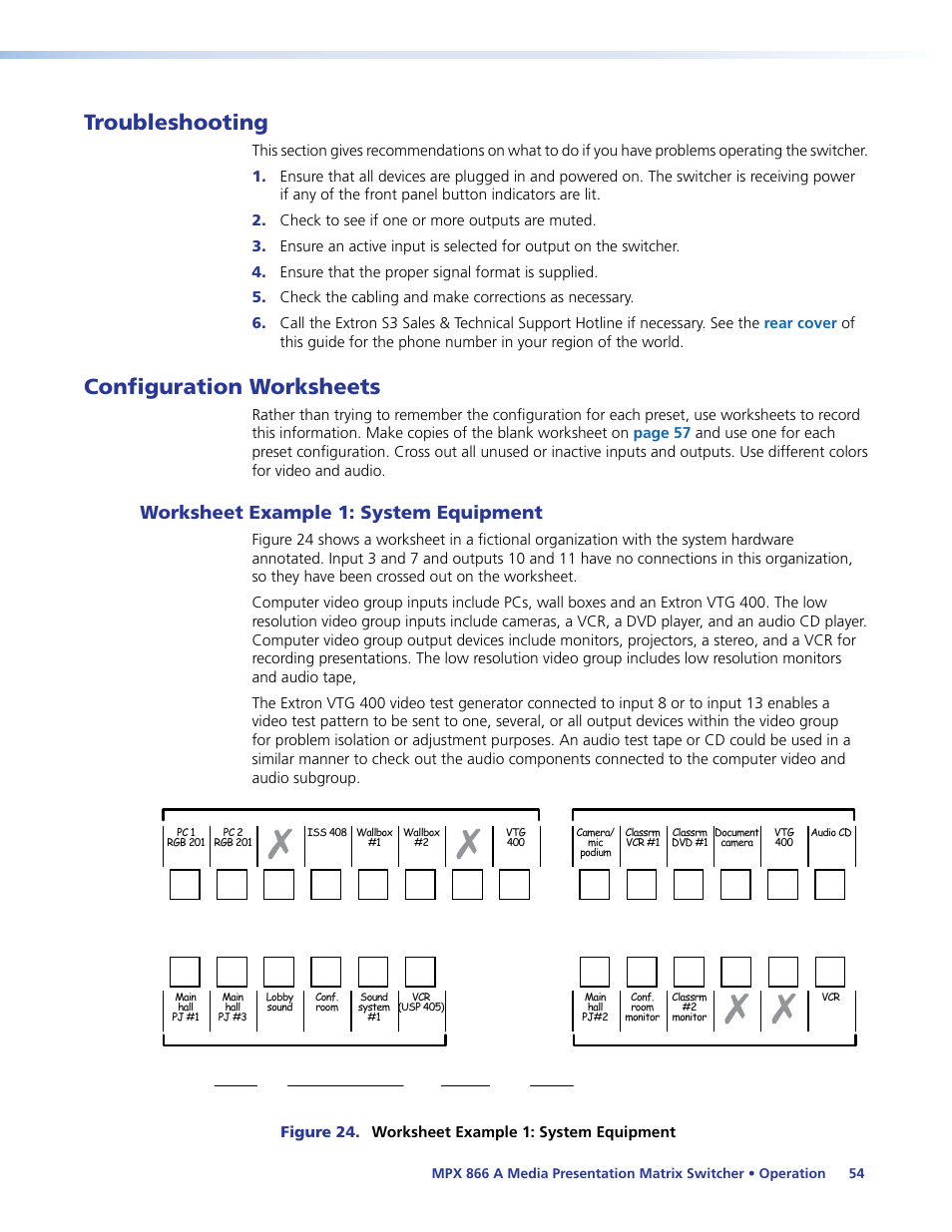 Troubleshooting, Configuration worksheets, Worksheet example 1: system equipment | Troubleshooting configuration worksheets, Worksheet example 1, System equipment | Extron Electronics MPX 866 A User Guide User Manual | Page 59 / 134
