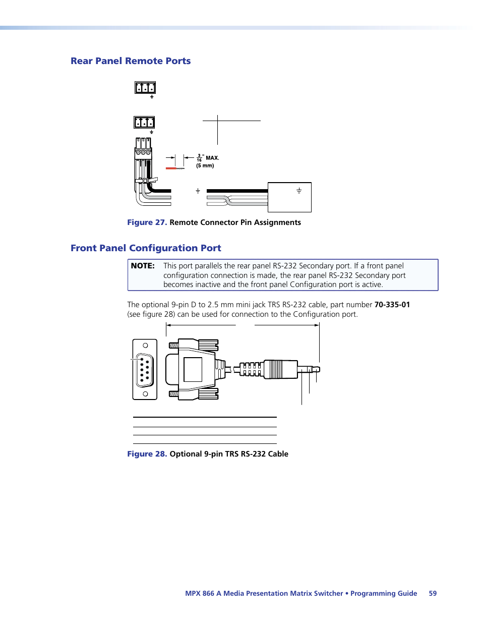 Rear panel remote ports, Front panel configuration port | Extron Electronics MPX 866 A User Guide User Manual | Page 64 / 134