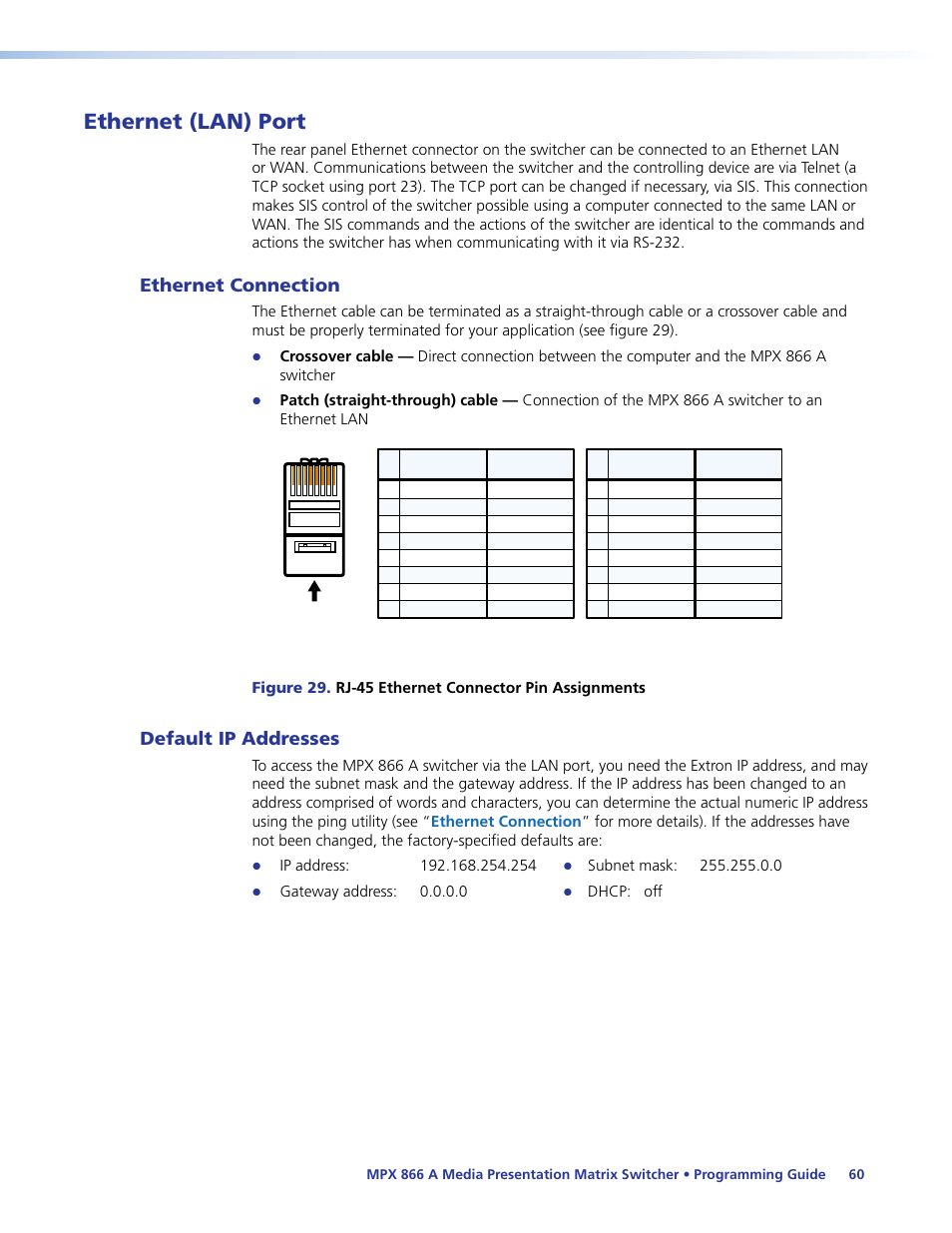 Ethernet (lan) port, Ethernet connection, Default ip addresses | Ethernet connection default ip addresses | Extron Electronics MPX 866 A User Guide User Manual | Page 65 / 134