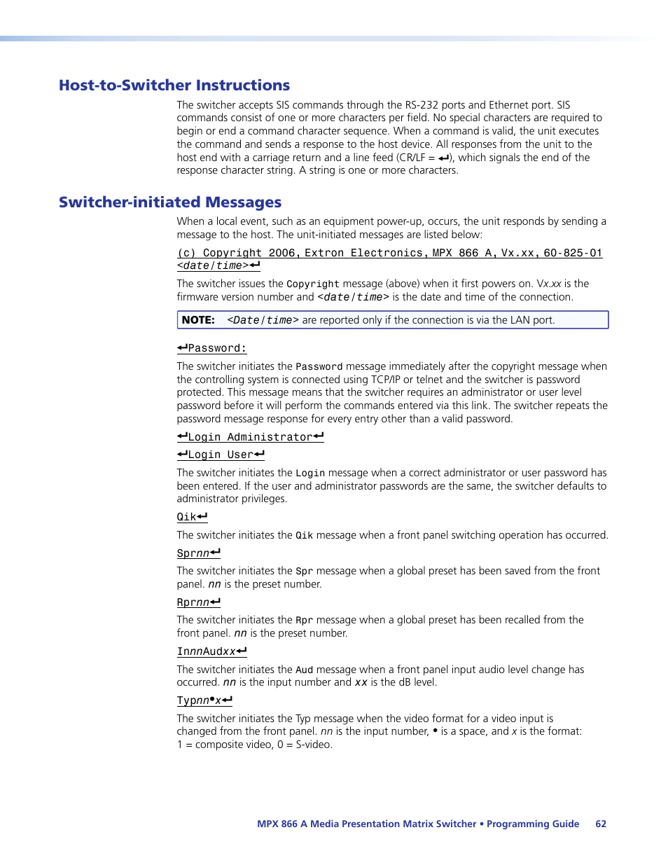 Host-to-switcher instructions, Switcher-initiated messages | Extron Electronics MPX 866 A User Guide User Manual | Page 67 / 134