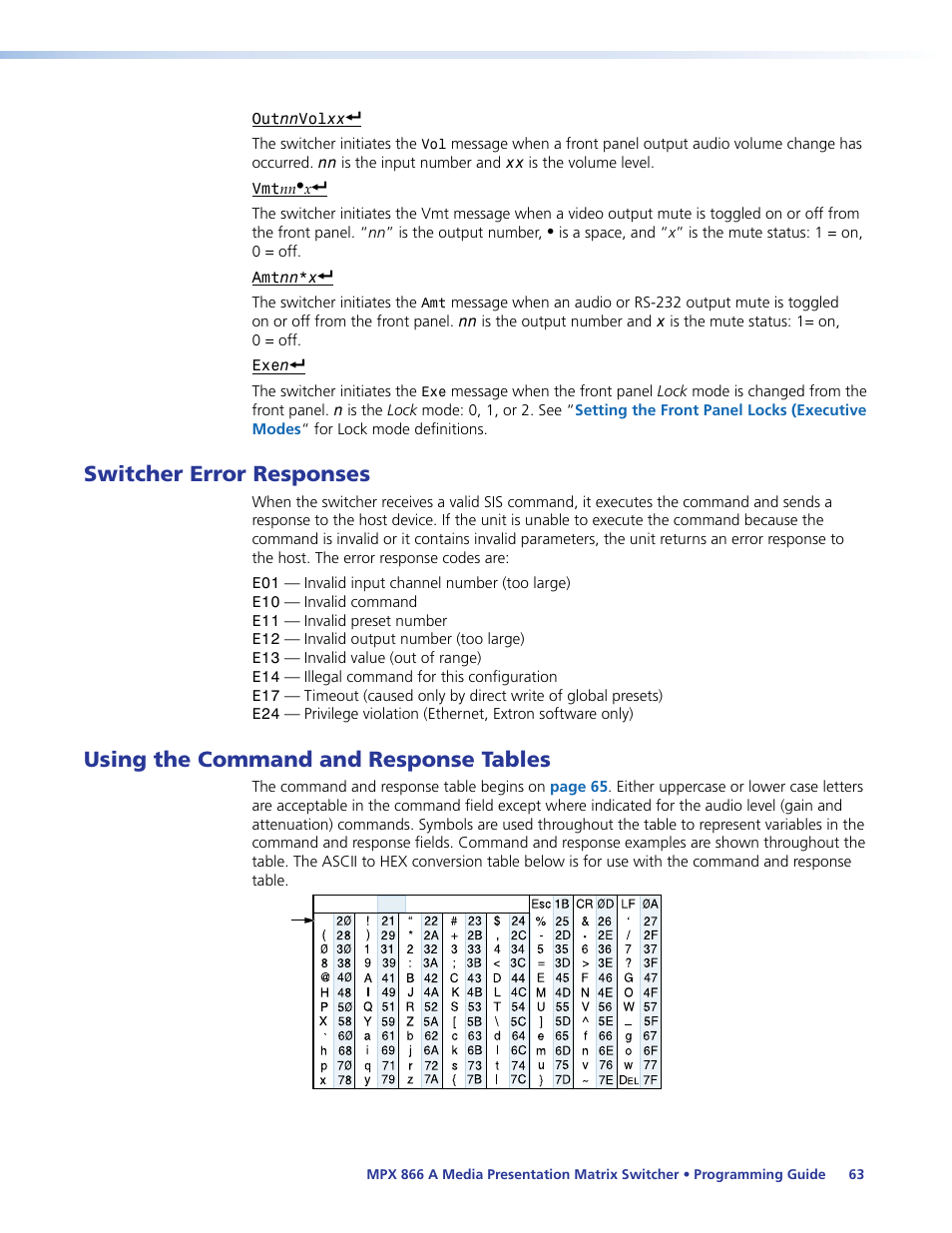 Switcher error responses, Using the command and response tables | Extron Electronics MPX 866 A User Guide User Manual | Page 68 / 134