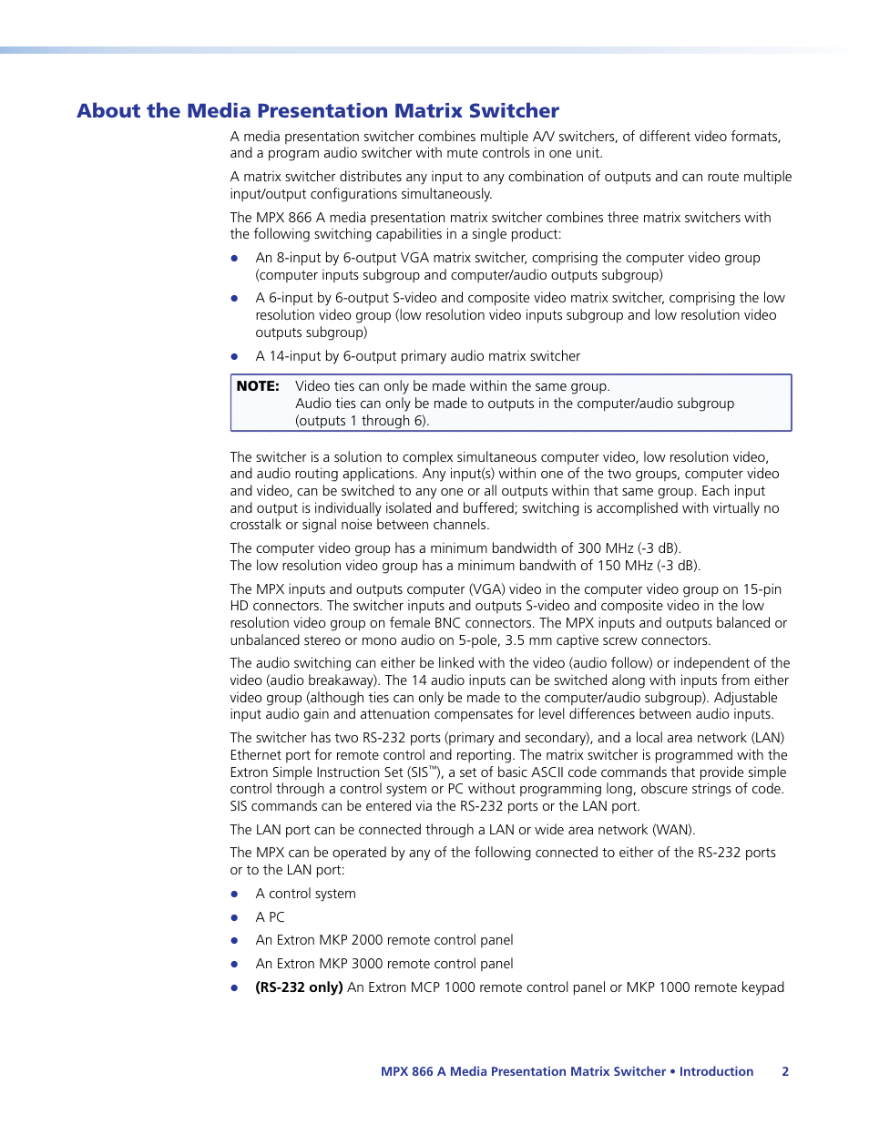 About the media presentation matrix switcher, About the media presentation, Matrix switcher | Extron Electronics MPX 866 A User Guide User Manual | Page 7 / 134