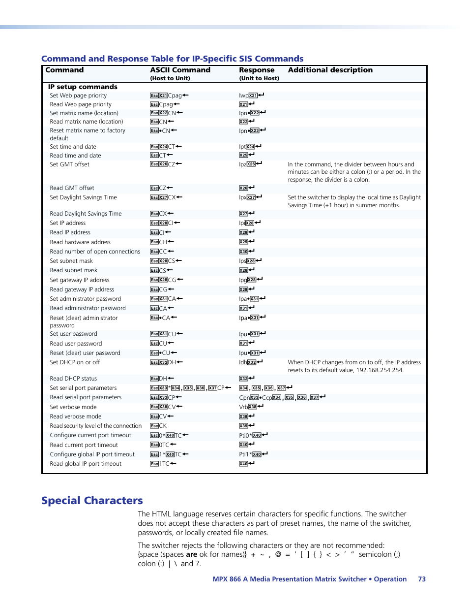 Special characters, Set serial port parameters, Set serial | Port parameters | Extron Electronics MPX 866 A User Guide User Manual | Page 78 / 134