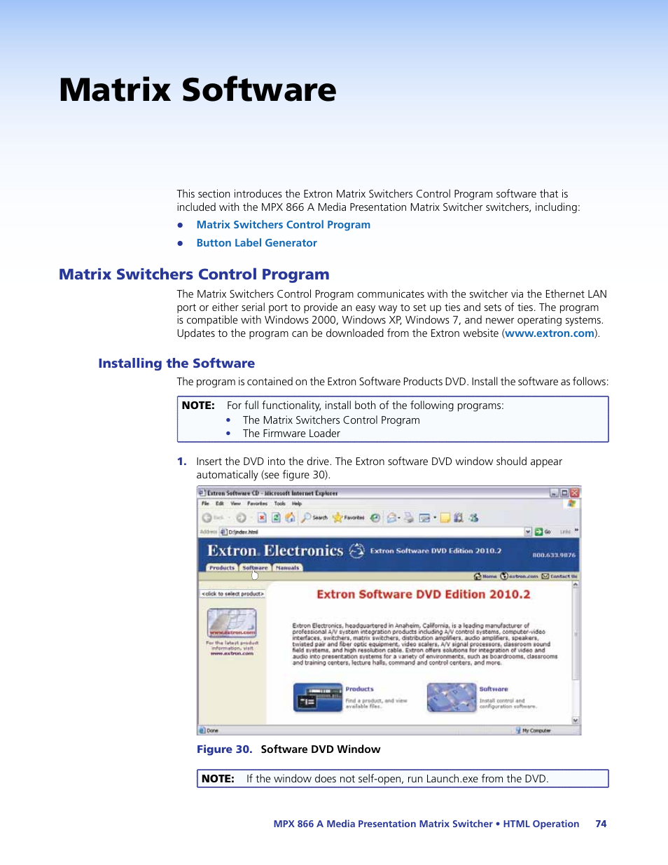 Matrix software, Matrix switchers control program, Installing the software | Ogram, For details on how to | Extron Electronics MPX 866 A User Guide User Manual | Page 79 / 134
