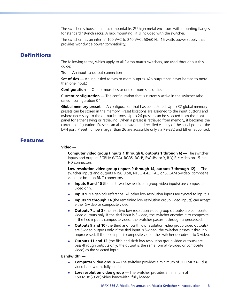 Definitions, Features, Definitions features | Extron Electronics MPX 866 A User Guide User Manual | Page 8 / 134