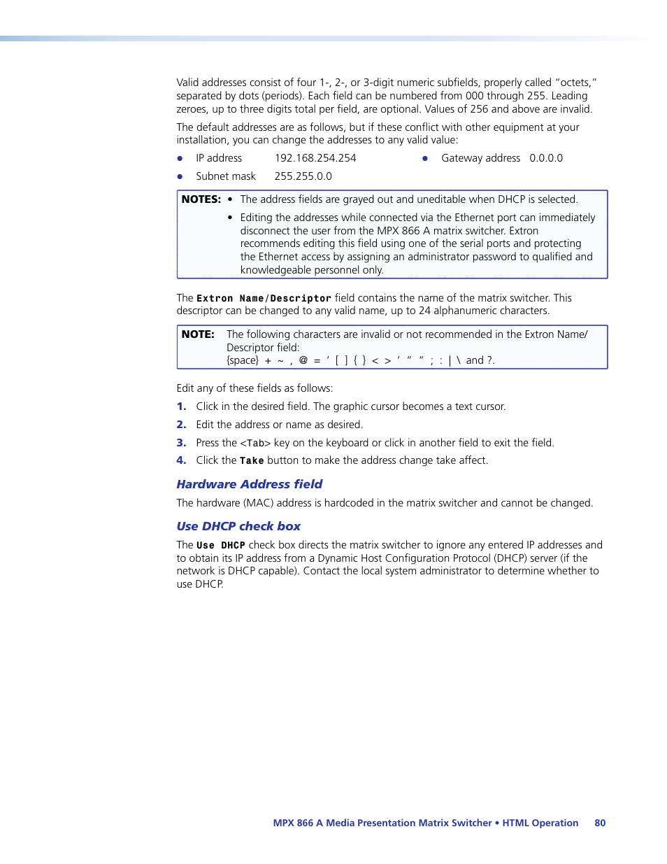 Hardware address field, Use dhcp check box | Extron Electronics MPX 866 A User Guide User Manual | Page 85 / 134