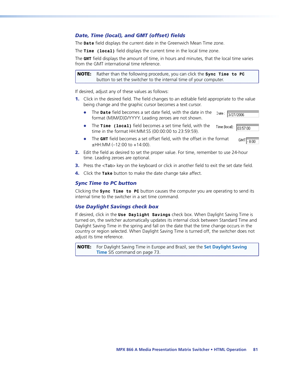 Date, time (local), and gmt (offset) fields, Sync time to pc button, Use daylight savings check box | Extron Electronics MPX 866 A User Guide User Manual | Page 86 / 134