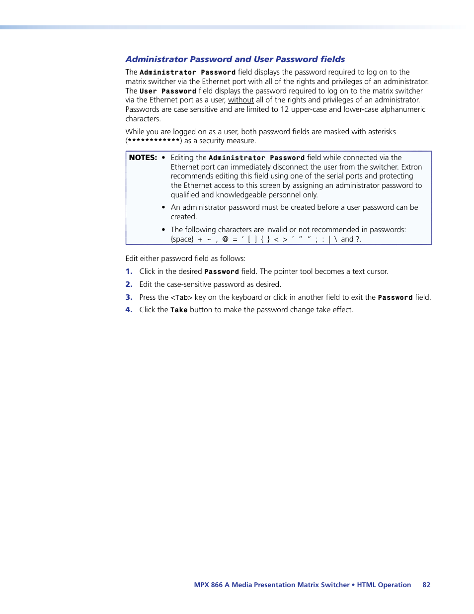 Administrator password and user password fields | Extron Electronics MPX 866 A User Guide User Manual | Page 87 / 134