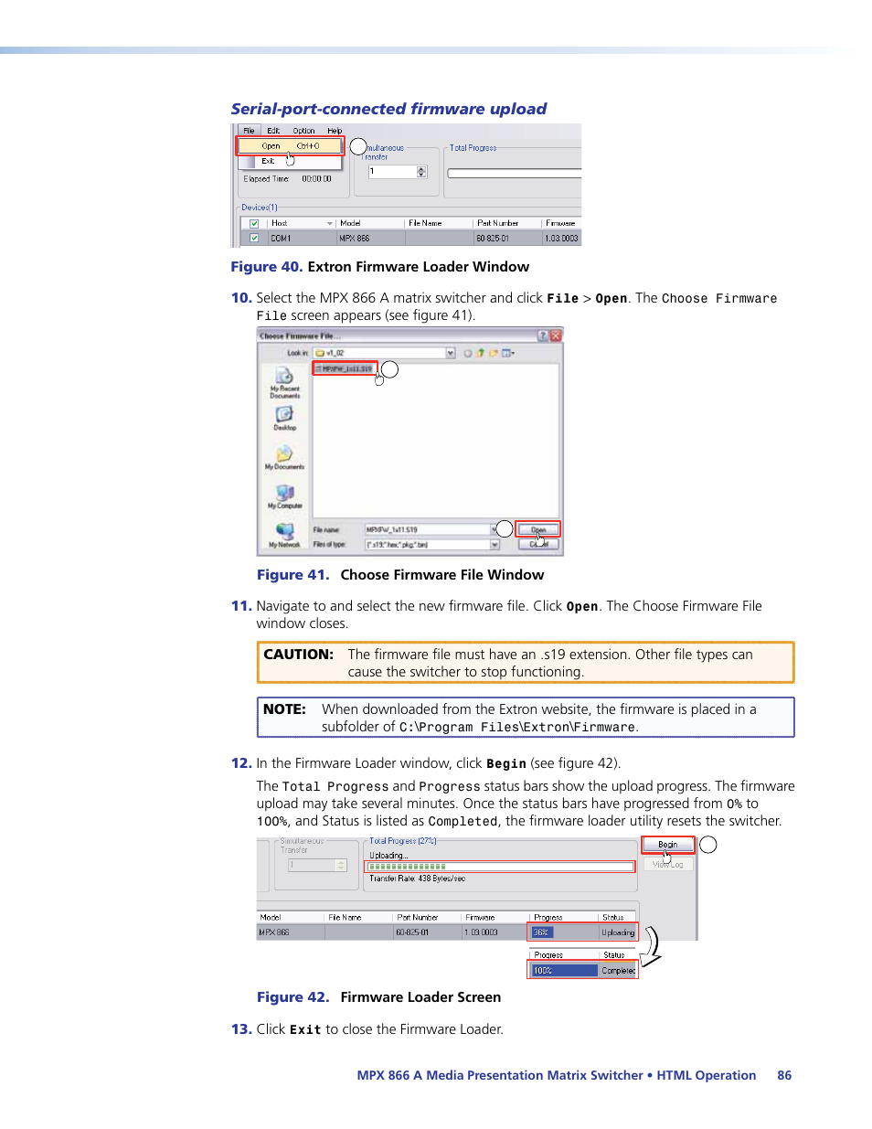 Serial-port-connected firmware upload, E 40 and | Extron Electronics MPX 866 A User Guide User Manual | Page 91 / 134
