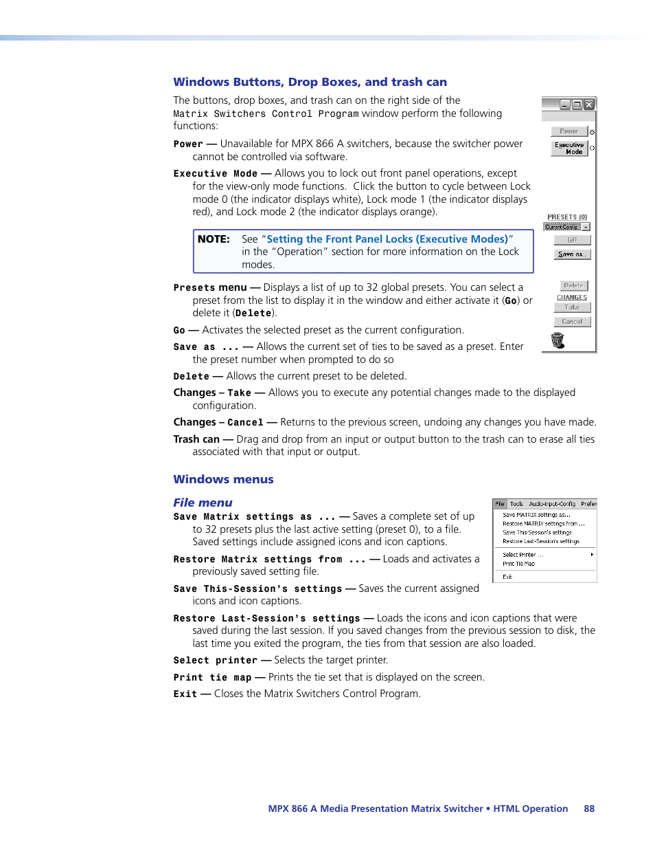 Windows buttons, drop boxes, and trash can, Windows menus, File menu | Html operation | Extron Electronics MPX 866 A User Guide User Manual | Page 93 / 134