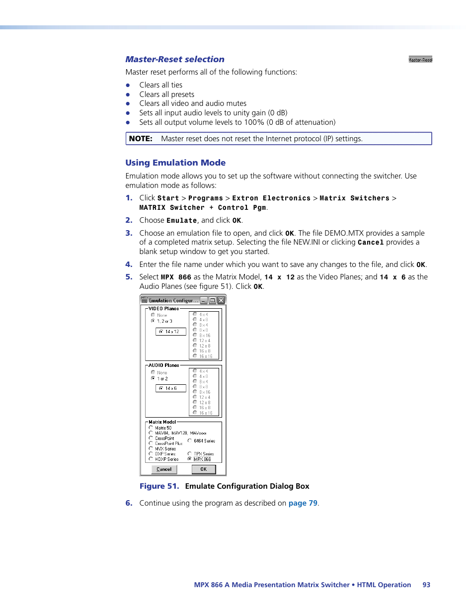 Master-reset selection, Using emulation mode | Extron Electronics MPX 866 A User Guide User Manual | Page 98 / 134
