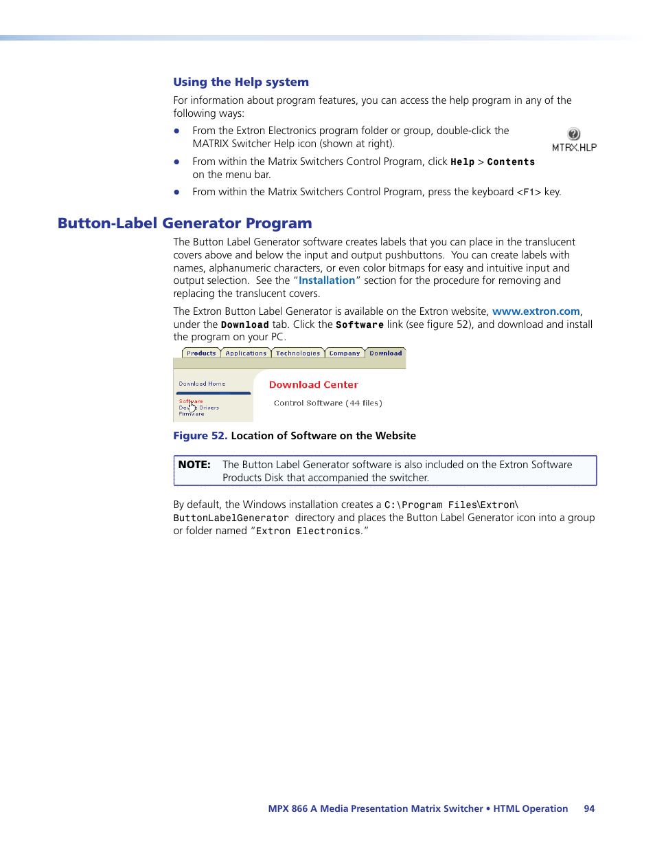 Button-label generator program, Configuration tab, Button label generator | In the matrix softwar | Extron Electronics MPX 866 A User Guide User Manual | Page 99 / 134