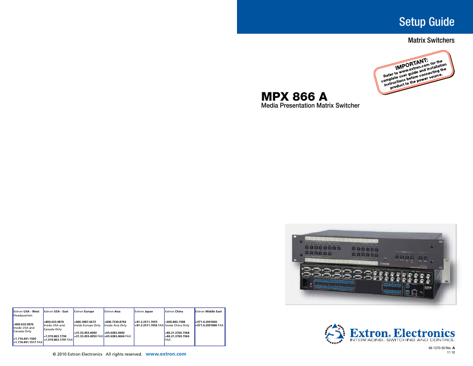 Extron Electronics MPX 866 A Setup Guide User Manual | 19 pages