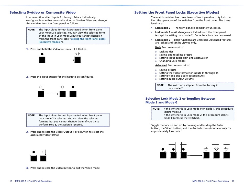 Selecting s-video or composite video, Setting the front panel locks (executive modes), Selecting s-video or | Composite video, Setting the front panel locks, Executive modes) | Extron Electronics MPX 866 A Setup Guide User Manual | Page 10 / 19