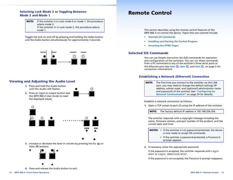 Viewing and adjusting the audio level, Remote control, Selected sis commands | Establishing a network (ethernet) connection, Iewing and adjusting, The audio level, Selected sis commands, Establishing a network (ethernet) connection | Extron Electronics MPX 866 A Setup Guide User Manual | Page 11 / 19