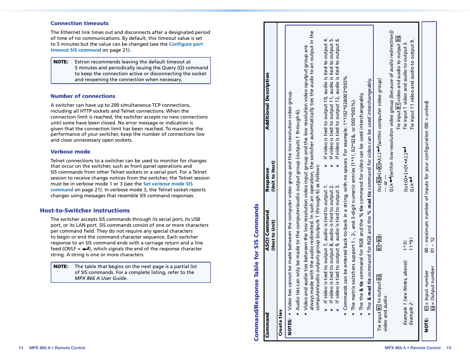Connection timeouts, Number of connections, Verbose mode | Host-to-switcher instructions | Extron Electronics MPX 866 A Setup Guide User Manual | Page 12 / 19