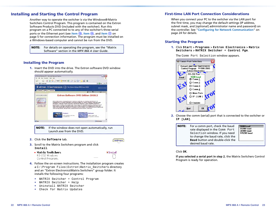 Installing and starting the control program, Installing the program, First-time lan port connection considerations | Starting the program, Installing and starting, The control program | Extron Electronics MPX 866 A Setup Guide User Manual | Page 17 / 19