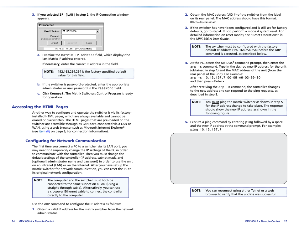 Configuring for network communication, Configuring for, Network communication | Accessing the html pages | Extron Electronics MPX 866 A Setup Guide User Manual | Page 18 / 19