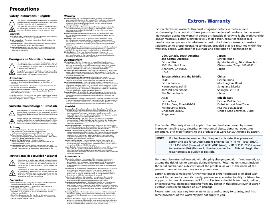 Precautions, Extron, Warranty | Instrucciones de seguridad • español | Extron Electronics MPX 866 A Setup Guide User Manual | Page 2 / 19