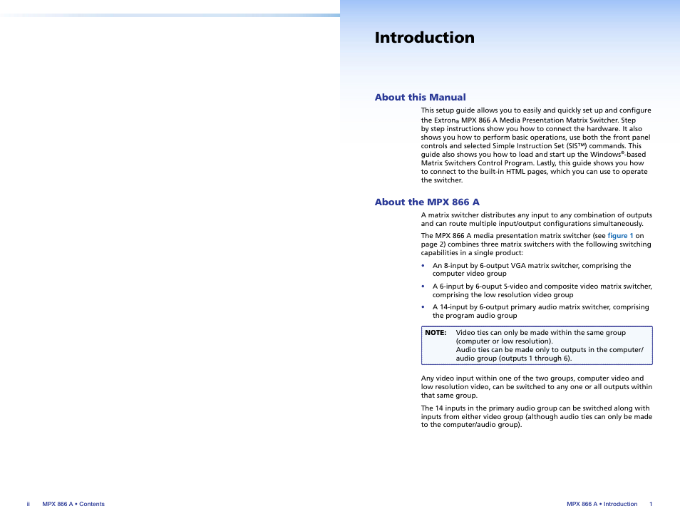 Introduction, About this manual, About the mpx 866 a | About this manual about the mpx 866 a | Extron Electronics MPX 866 A Setup Guide User Manual | Page 5 / 19