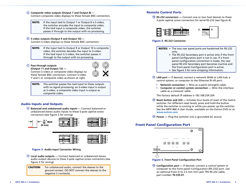 Audio inputs and outputs, Remote control ports, Front panel configuration port | Audio inputs and outputs remote control ports, Front panel configuration port | Extron Electronics MPX 866 A Setup Guide User Manual | Page 7 / 19
