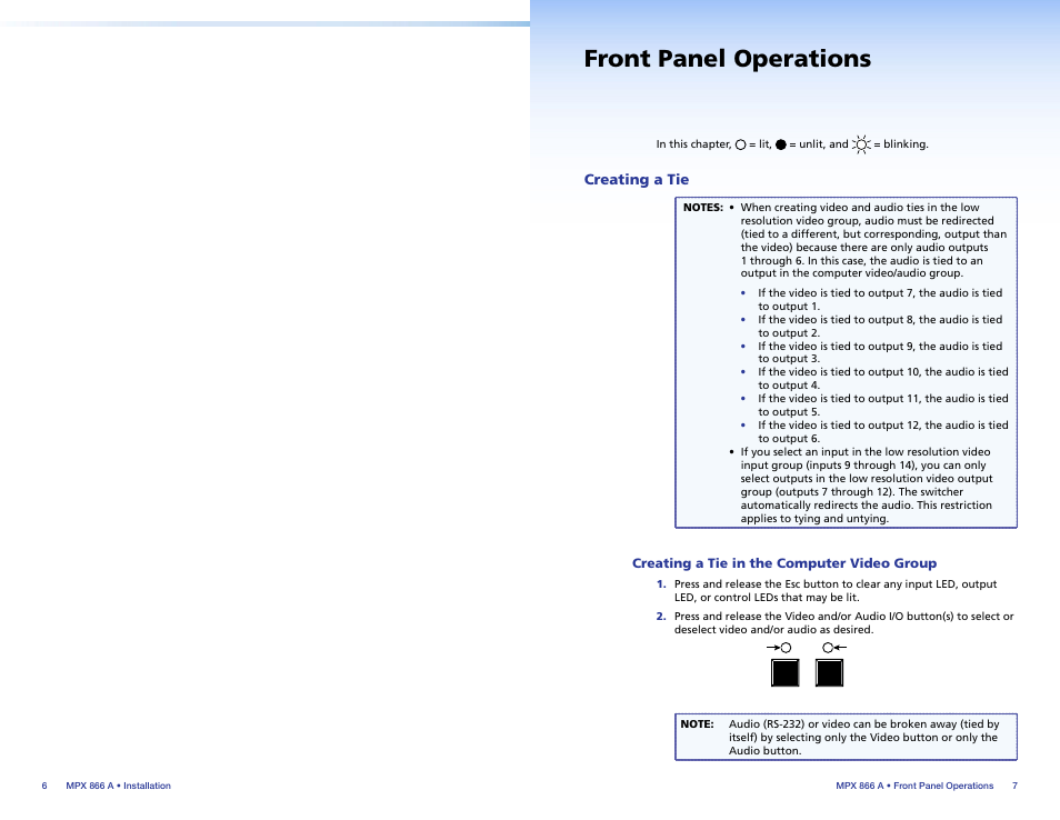 Front panel operations, Creating a tie, Creating a tie in the computer video group | Extron Electronics MPX 866 A Setup Guide User Manual | Page 8 / 19