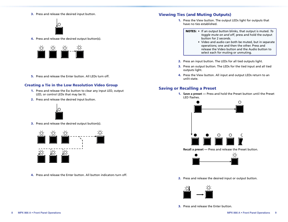 Creating a tie in the low resolution video group, Viewing ties (and muting outputs), Saving or recalling a preset | Creating a tie in the low resolution video group, Viewing ties, And muting outputs), Saving or recalling a preset | Extron Electronics MPX 866 A Setup Guide User Manual | Page 9 / 19