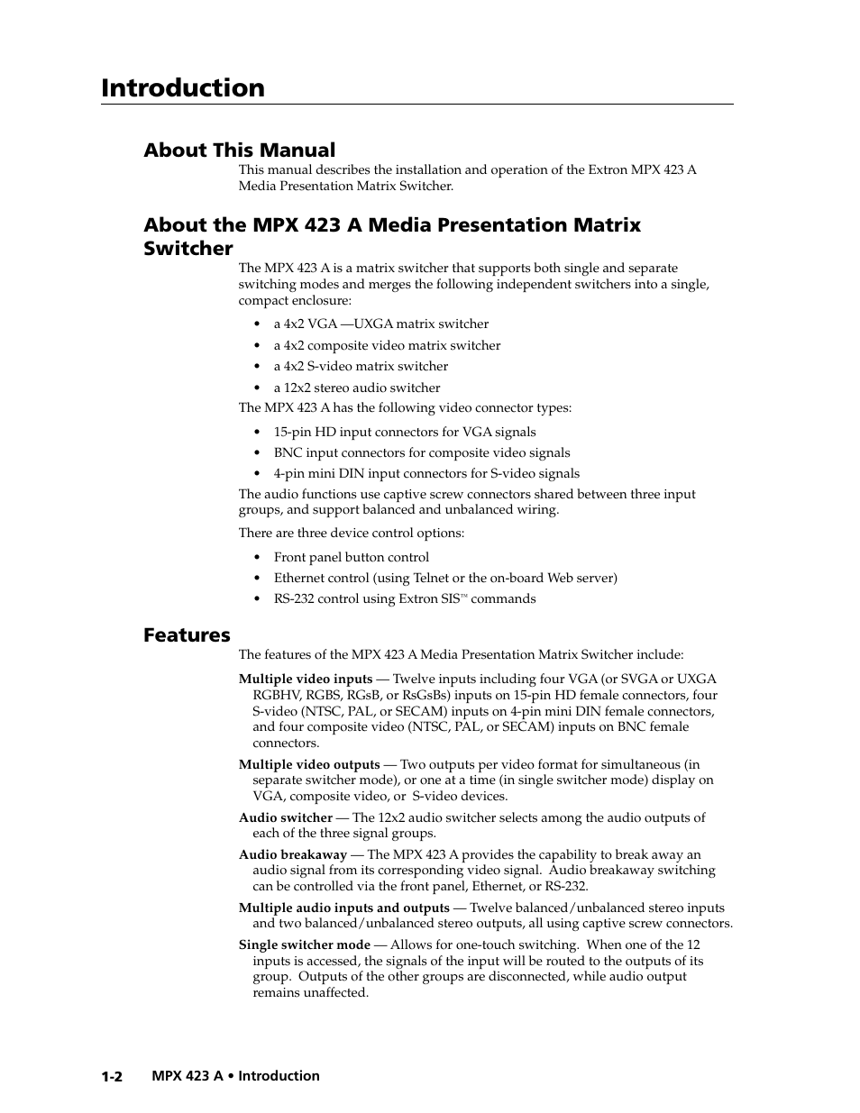 About this manual, Features, Preliminar y | Introduction | Extron Electronics MPX 423 A User Manual | Page 10 / 64