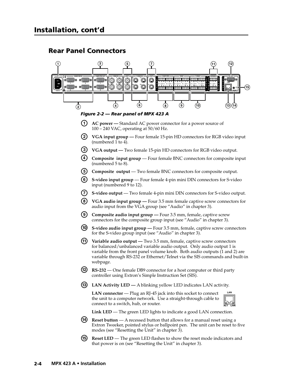 Rear panel connectors, Preliminar y, Installation, cont’d | Extron Electronics MPX 423 A User Manual | Page 16 / 64