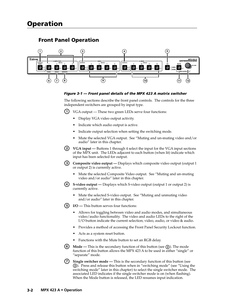 Front panel operation, Preliminar y, Operation | Extron Electronics MPX 423 A User Manual | Page 20 / 64