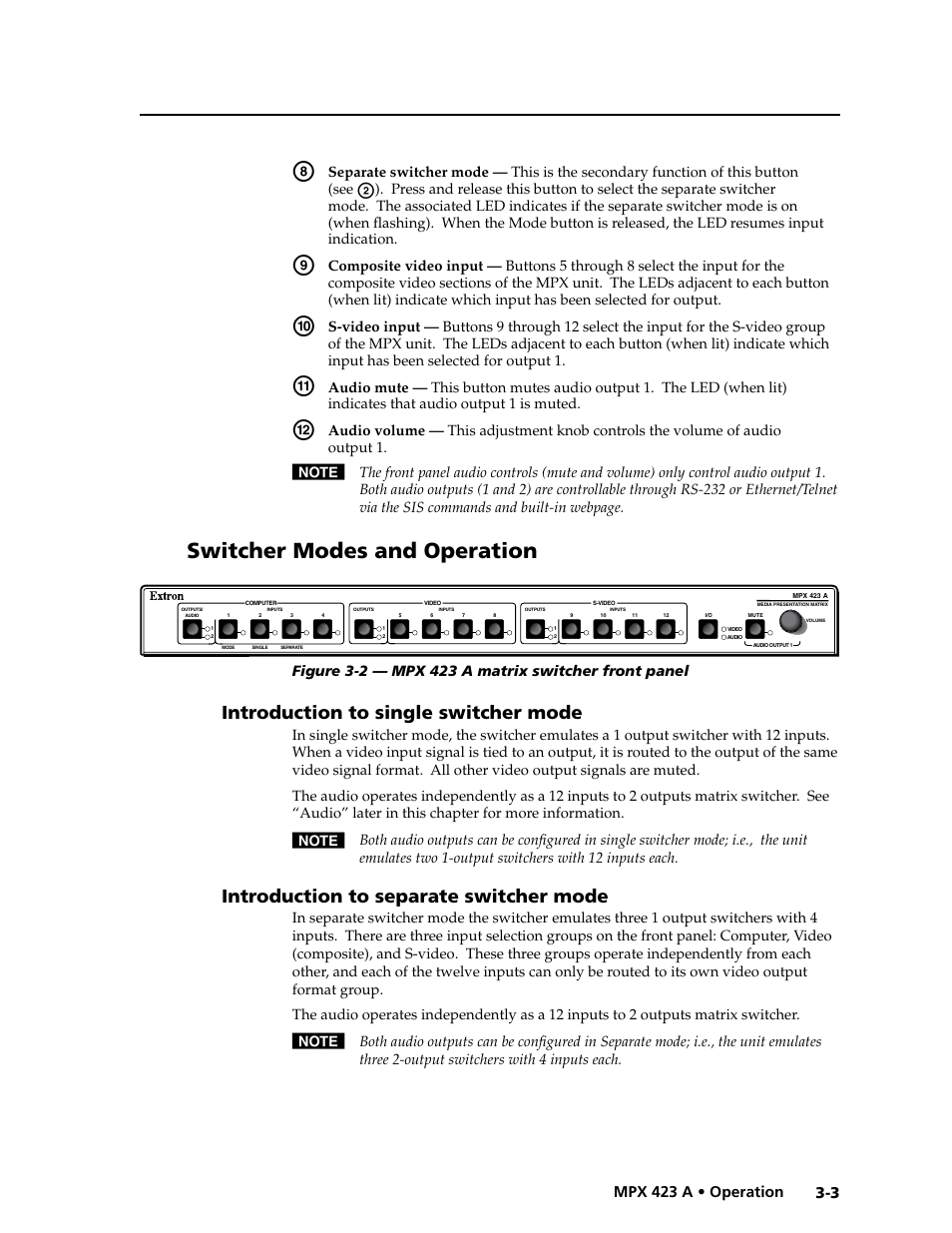 Switcher modes and operation, Introduction to single switcher mode, Introduction to separate switcher mode | Preliminar y, 3 mpx 423 a • operation | Extron Electronics MPX 423 A User Manual | Page 21 / 64