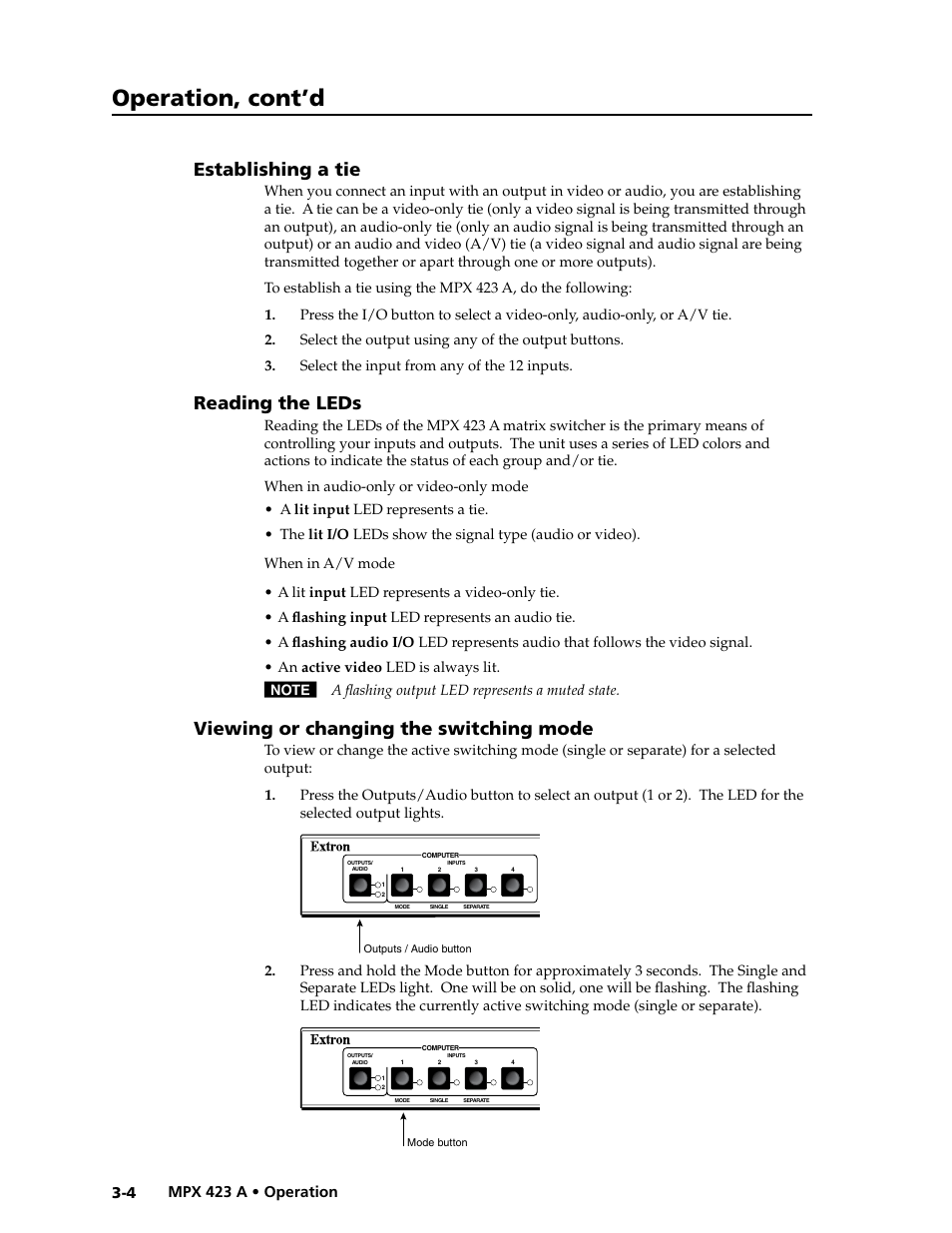 Establishing a tie, Reading the leds, Viewing or changing the switching mode | Preliminar y, Operation, cont’d | Extron Electronics MPX 423 A User Manual | Page 22 / 64