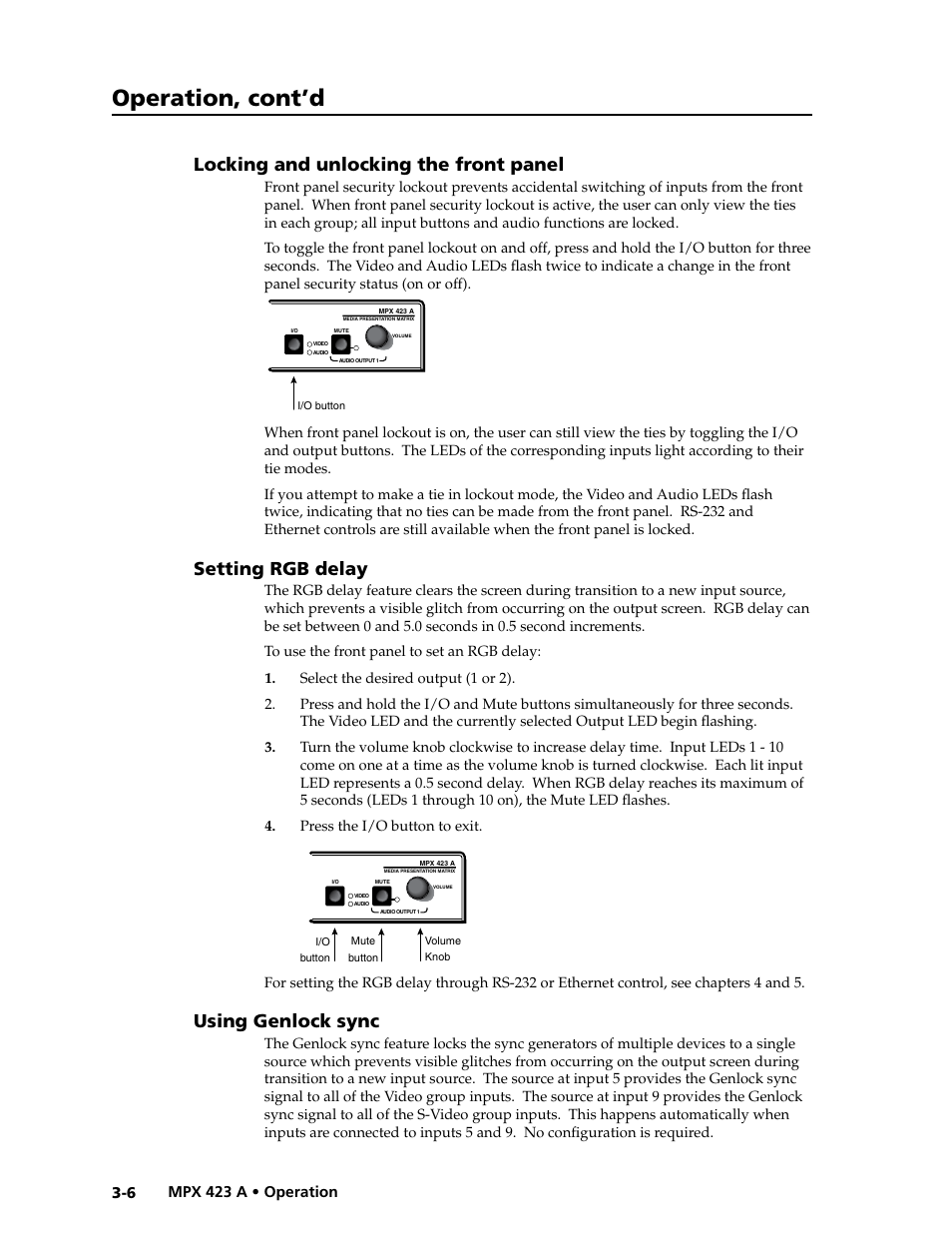 Locking and unlocking the front panel, Setting rgb delay, Using genlock sync | Preliminar y, Operation, cont’d | Extron Electronics MPX 423 A User Manual | Page 24 / 64