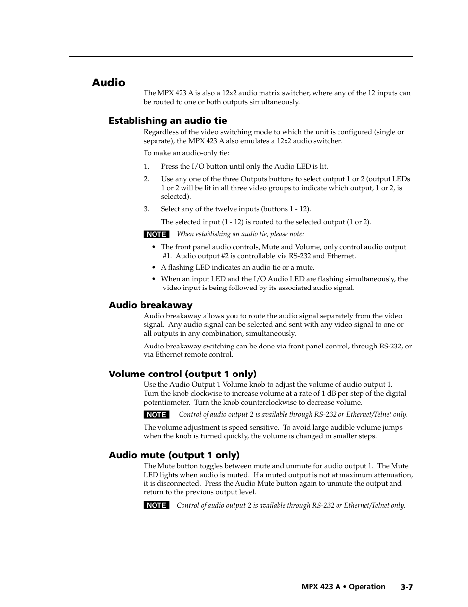 Audio, Establishing an audio tie, Audio breakaway | Volume control (output 1 only), Audio mute (output 1 only), Preliminar y | Extron Electronics MPX 423 A User Manual | Page 25 / 64