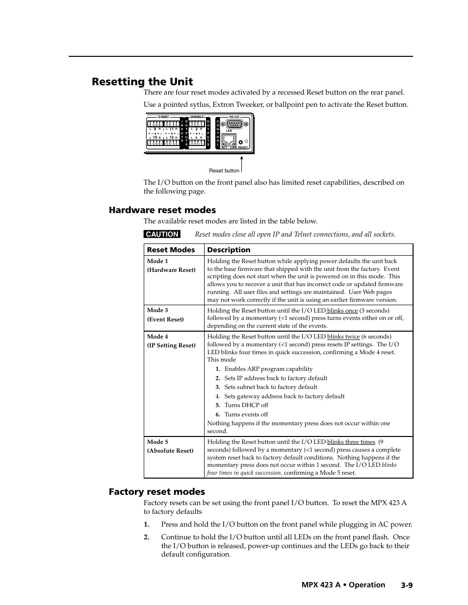 Resetting the unit, Hardware reset modes, Factory reset modes | Preliminar y, 9 mpx 423 a • operation | Extron Electronics MPX 423 A User Manual | Page 27 / 64