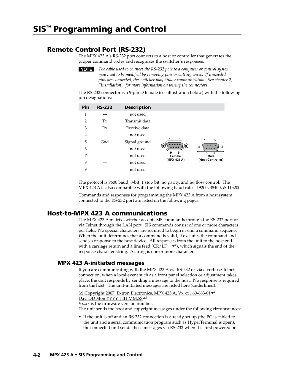 Remote control port (rs-232), Host-to-mpx 423 a communications, Mpx 423 a-initiated messages | Preliminar y, Programming and control | Extron Electronics MPX 423 A User Manual | Page 30 / 64