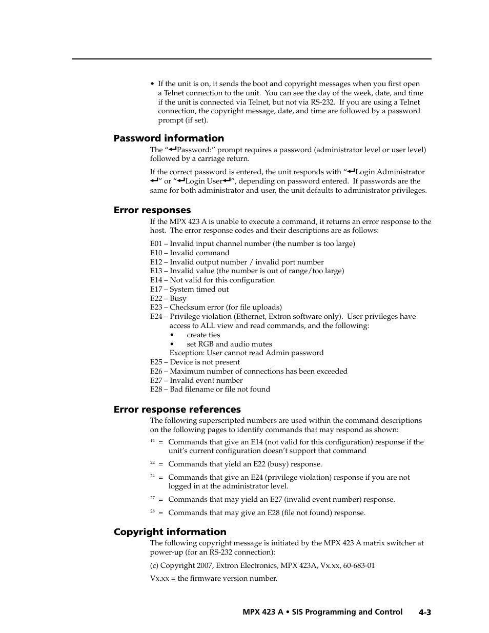 Password information, Error responses, Error response references | Copyright information, Preliminar y | Extron Electronics MPX 423 A User Manual | Page 31 / 64