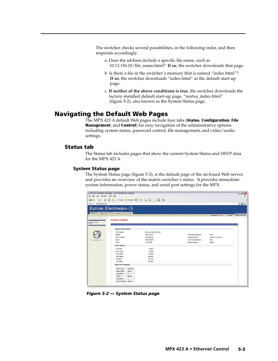 Status tab, Preliminar y, Navigating the default web pages | Extron Electronics MPX 423 A User Manual | Page 43 / 64