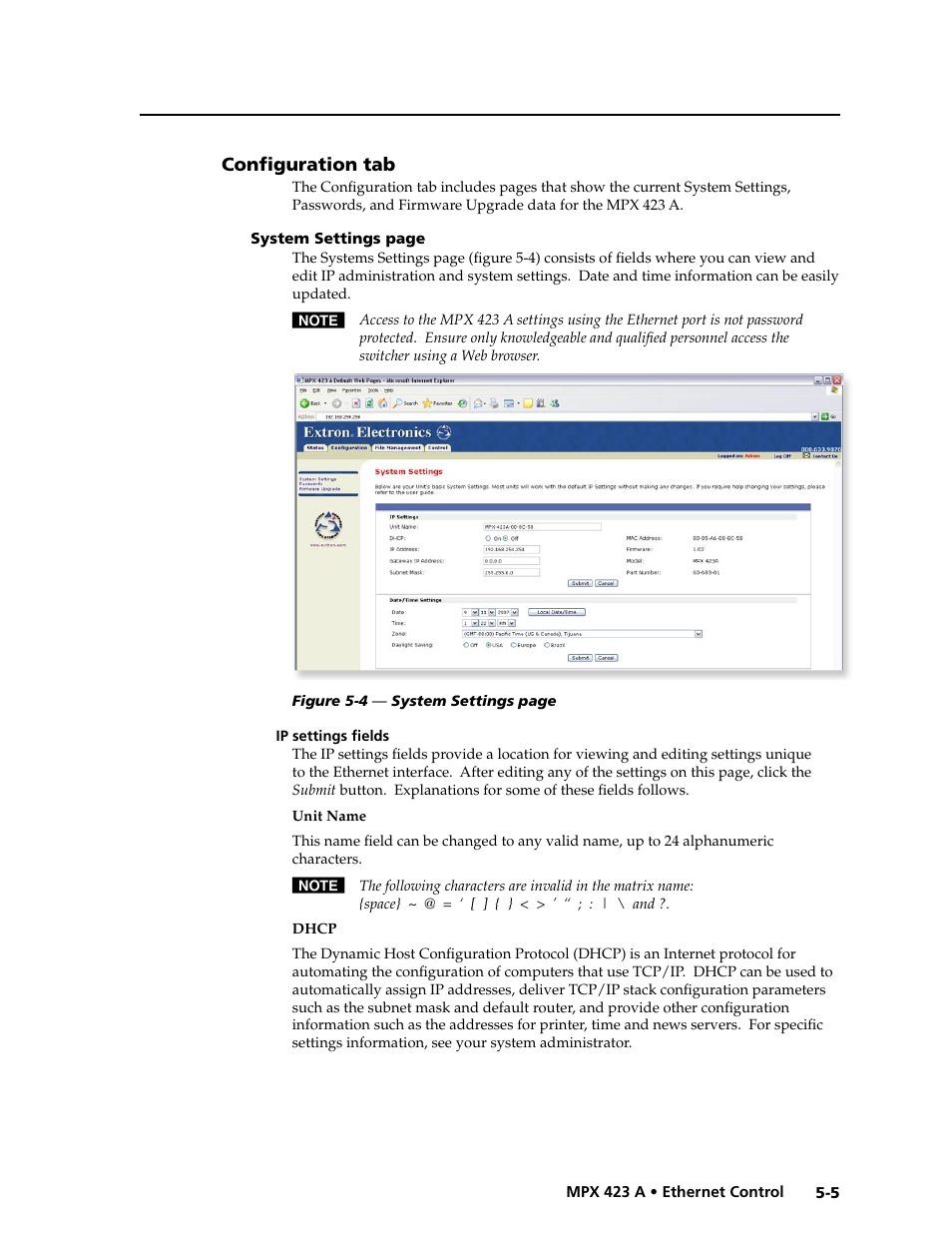Configuration tab, Ip settings fields, Preliminar y | Extron Electronics MPX 423 A User Manual | Page 45 / 64