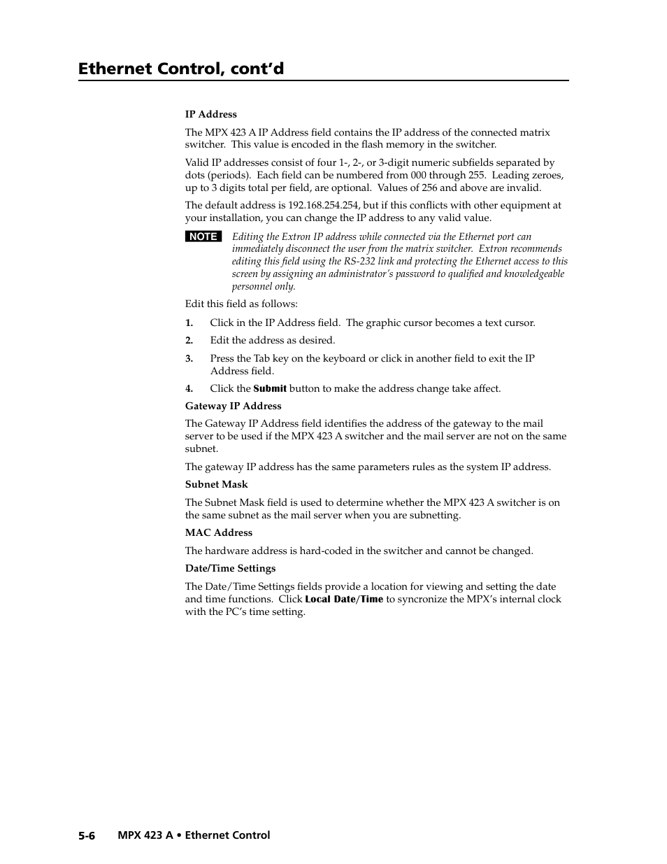Preliminar y, Ethernet control, cont’d | Extron Electronics MPX 423 A User Manual | Page 46 / 64