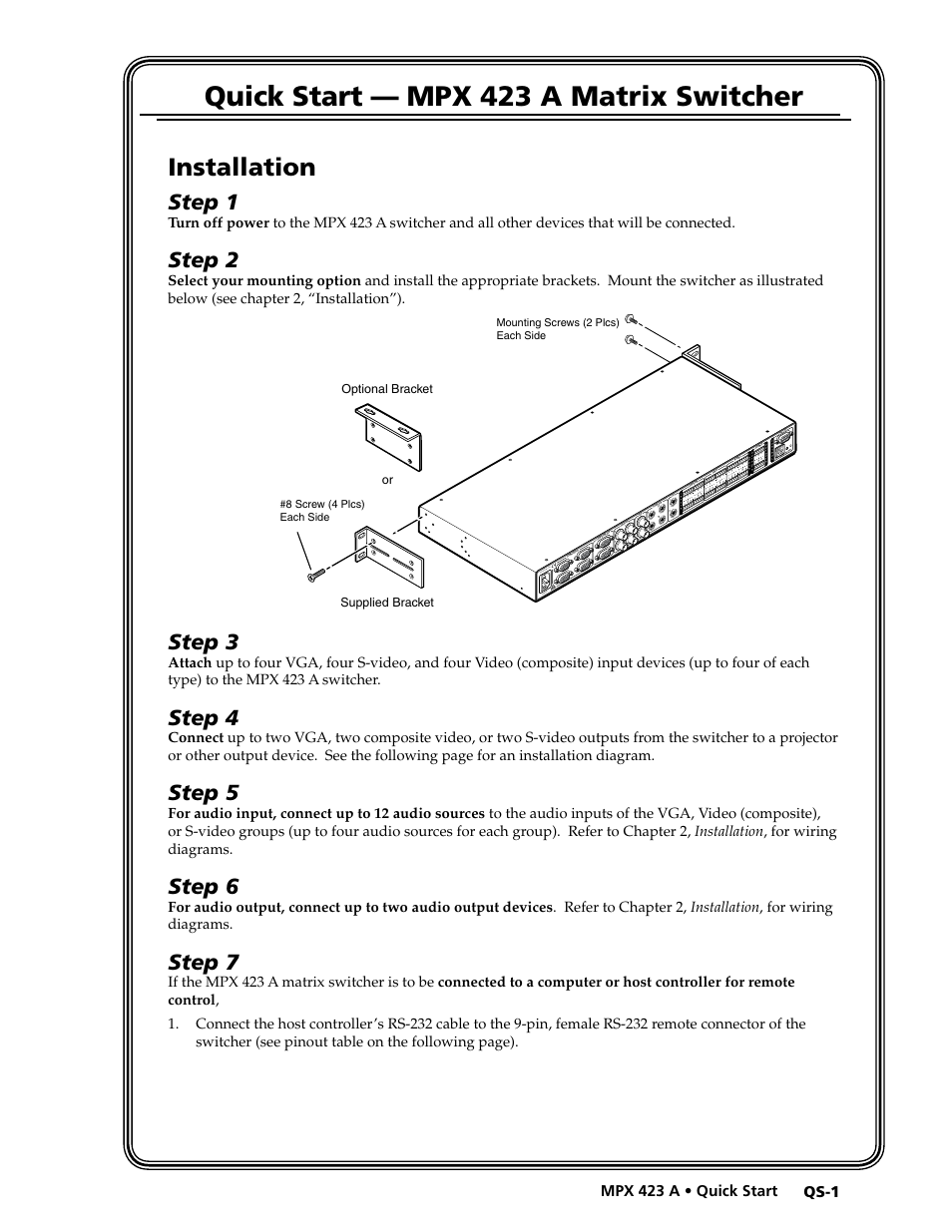 Quick start, Preliminar y, Quick start — mpx 423 a matrix switcher | Installation, Step 1, Step 2, Step 3, Step 4, Step 5, Step 6 | Extron Electronics MPX 423 A User Manual | Page 5 / 64