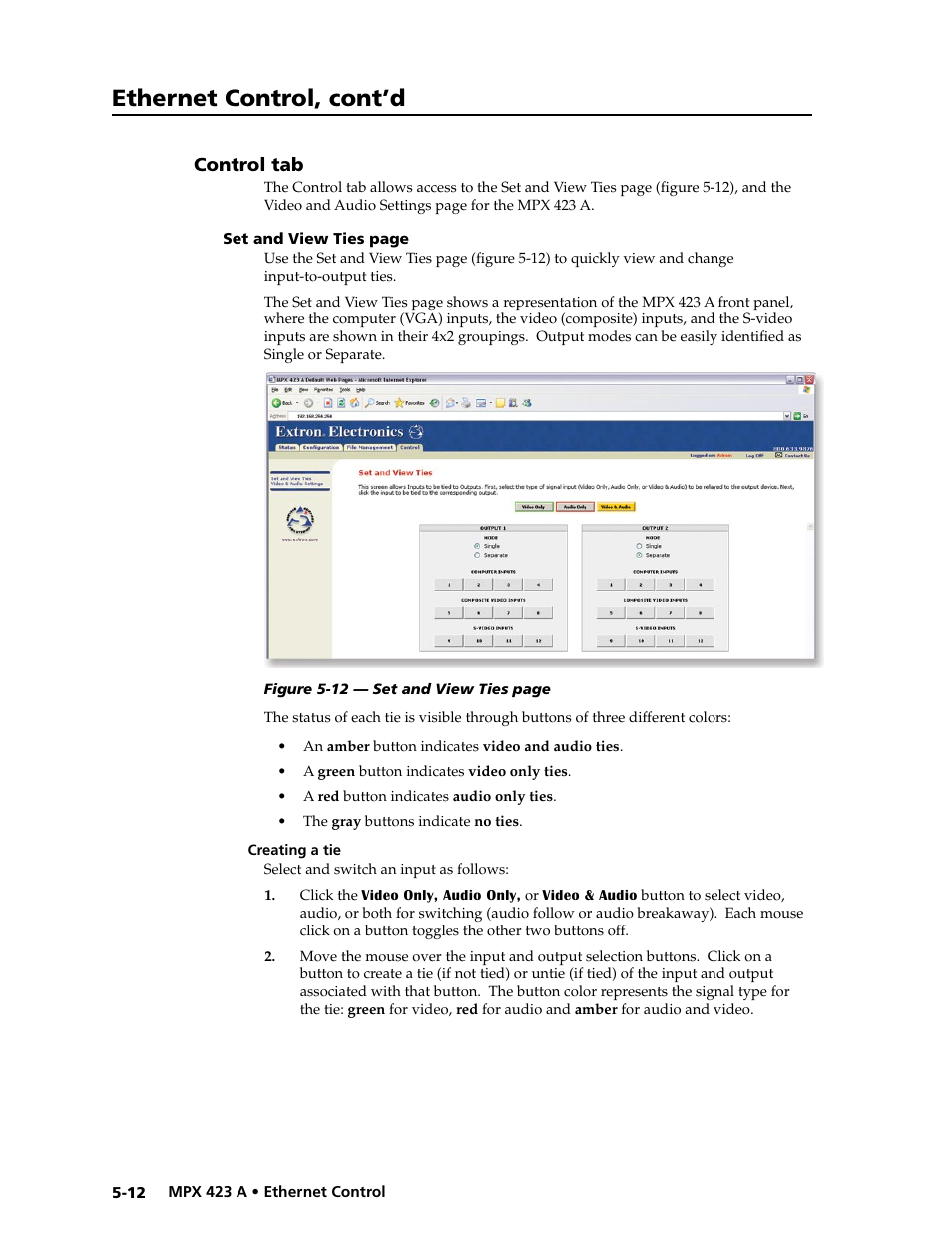 Control tab, Creating a tie, Preliminar y | Ethernet control, cont’d | Extron Electronics MPX 423 A User Manual | Page 52 / 64