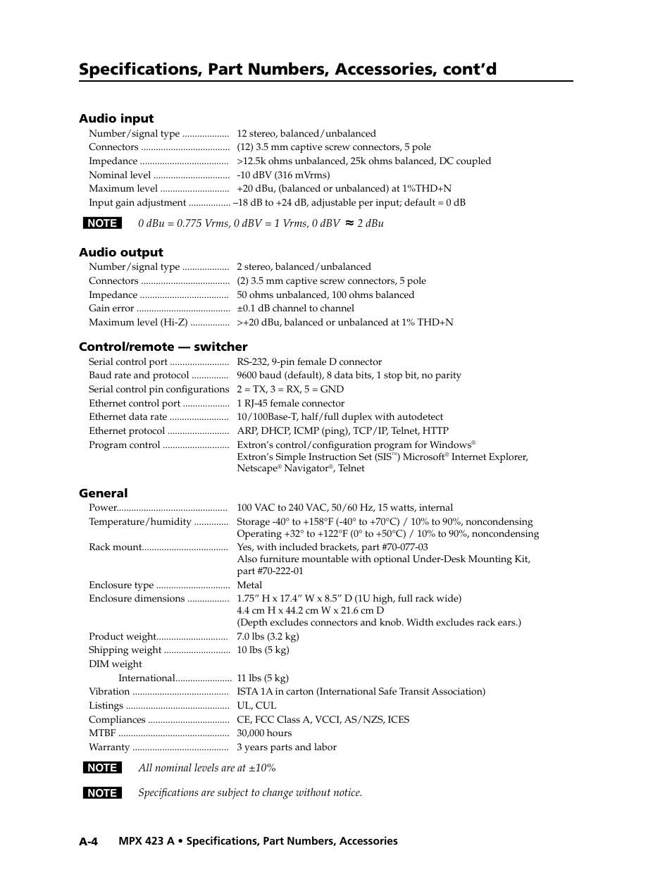 Preliminar y, Specifications, part numbers, accessories, cont’d | Extron Electronics MPX 423 A User Manual | Page 60 / 64