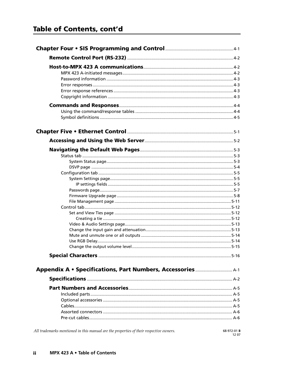 Preliminar y, Table of contents, cont’d | Extron Electronics MPX 423 A User Manual | Page 8 / 64